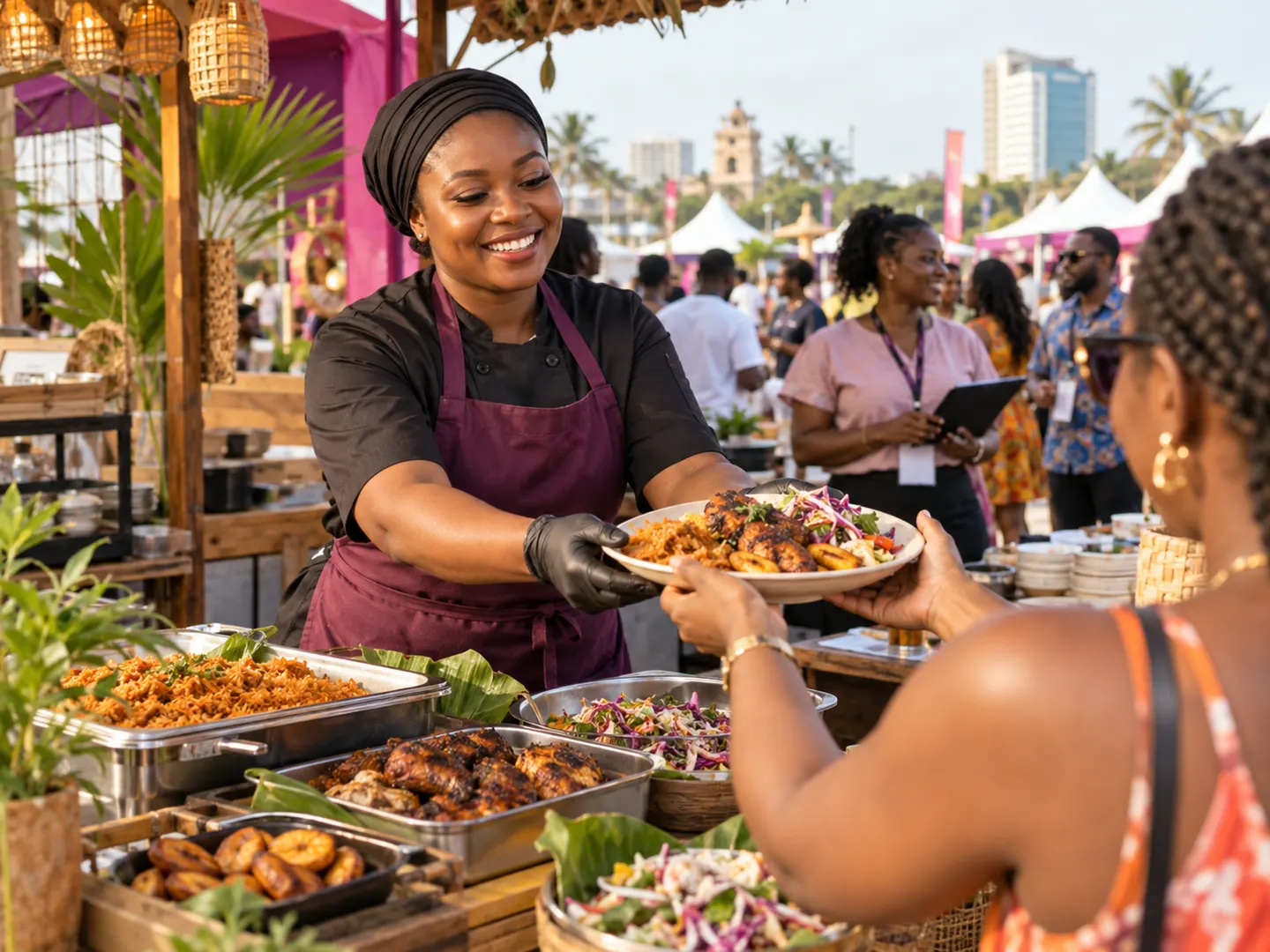 A caterer serving guests at an outdoor event